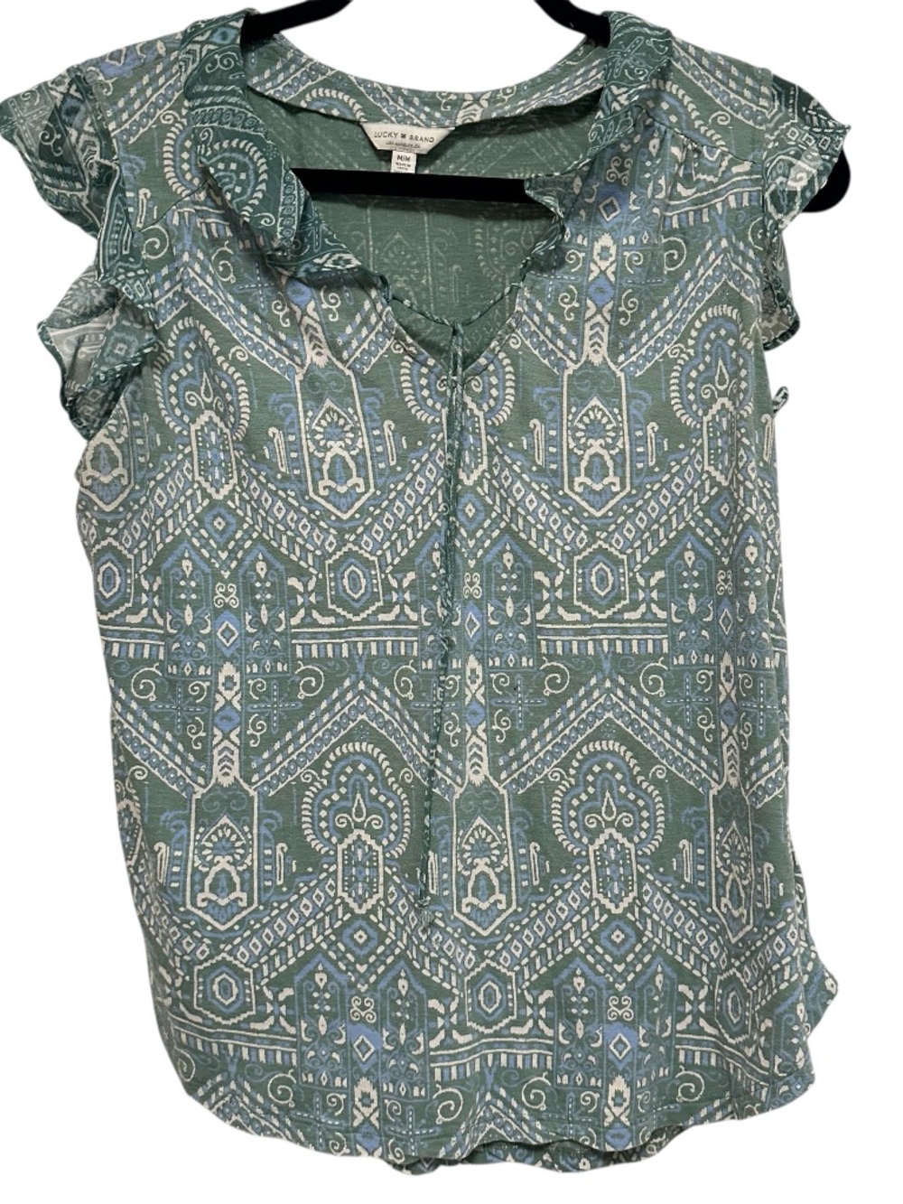 Lucky Brand Green Blue Mosaic Print Ruffle Flutter Sleeve Boho Top Medium